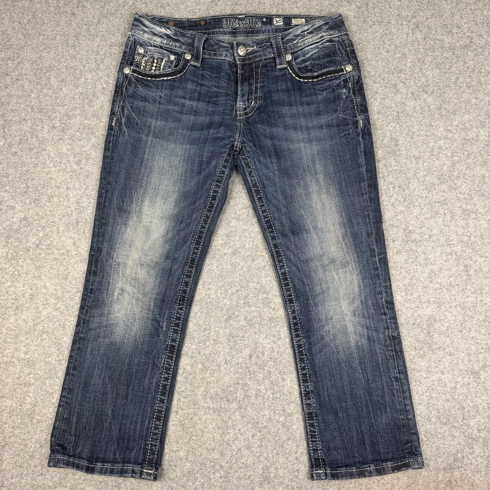 Miss Me Signature Cuffed Capri Jeans Sz 30 Embellished Flap Pocket Blue Denim